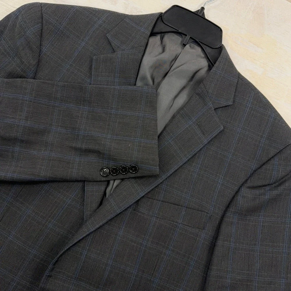 Hart Schaffner Marx Suit Jacket Plaid 2-Button Sport Coat Charcoal Blue Mens 42R